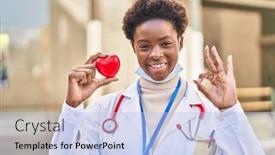  Presentation with american heart - PPT theme enhanced with african-american-woman-wearing-doctor background and a light blue colored foreground