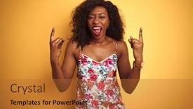  Presentation with yellow music - Amazing slide deck having african american woman wearing floral summer t-shirt over isolated yellow background shouting with crazy expression doing rock symbol with hands up music star heavy concept backdrop and a red colored foreground