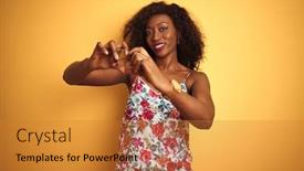  Presentation with american heart - PPT theme consisting of african american woman wearing floral summer t-shirt over isolated yellow background smiling in love doing heart symbol shape with hands romantic concept background and a gold colored foreground