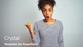  Presentation with navy - Presentation design featuring african american woman wearing navy striped t-shirt standing over isolated white background surprised pointing with hand finger to the side open mouth amazed expression background and a gray colored foreground