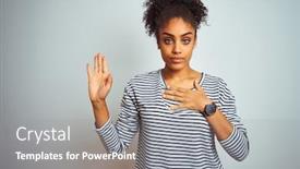  Presentation with hand palm - Slide set featuring african american woman wearing navy background and a gray colored foreground