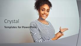  Presentation with navy - Audience pleasing PPT theme consisting of african american woman wearing navy striped t-shirt standing over isolated white background inviting to enter smiling natural with open hand backdrop and a light gray colored foreground