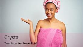  Presentation with hand palm - Audience pleasing presentation design consisting of african american woman wearing pink shower towel after bath over isolated background smiling cheerful presenting and pointing with palm of hand looking at the camera backdrop and a coral colored foreground