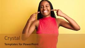  Presentation with african american dental - Slide set having african american woman wearing red casual t-shirt standing over isolated yellow background smiling cheerful showing and pointing with fingers teeth and mouth dental health concept background and a gold colored foreground