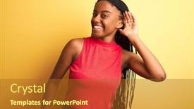 Presentation with listening woman - Beautiful slide set featuring african american woman wearing red casual t-shirt standing over isolated yellow background smiling with hand over ear listening an hearing to rumor or gossip deafness concept backdrop and a tawny brown colored foreground