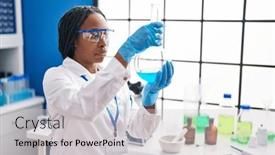  Presentation with liquid - PPT theme enhanced with african-american-woman-wearing-scientist background and a light gray colored foreground
