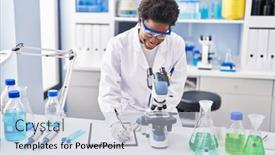  Presentation with microscope - Presentation theme with african-american-woman-wearing-scientist background and a light gray colored foreground