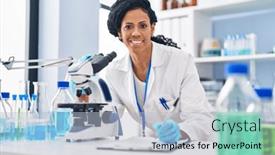  Presentation with microscope - Presentation theme consisting of african-american-woman-wearing-scientist background and a light blue colored foreground