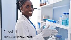  Presentation with test tubes - Slide set having african-american-woman-wearing-scientist background and a light blue colored foreground