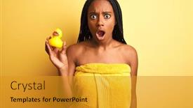  Presentation with duck - Presentation theme featuring african american woman wearing shower towel holding toy duck over isolated yellow background scared in shock with a surprise face afraid and excited with fear expression background and a gold colored foreground
