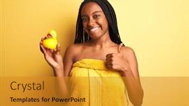  Presentation with duck - Cool new PPT theme with african american woman wearing shower towel holding toy duck over isolated yellow background happy with big smile doing ok sign thumb up with fingers excellent sign backdrop and a gold colored foreground
