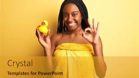  Presentation with duck - Audience pleasing slide set consisting of african american woman wearing shower towel holding toy duck over isolated yellow background doing ok sign with fingers excellent symbol backdrop and a gold colored foreground