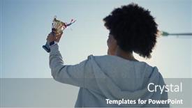  Presentation with trophy - PPT theme consisting of african-american-woman-wearing-sportswear background and a gray colored foreground
