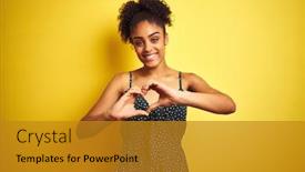  Presentation with american heart - Slide set enhanced with african american woman wearing summer casual green dress over isolated yellow background smiling in love doing heart symbol shape with hands romantic concept background and a gold colored foreground