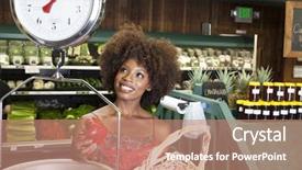  Presentation with weighing scale - Audience pleasing slide set consisting of african american woman weighing bell peppers on scale at supermarket backdrop and a coral colored foreground