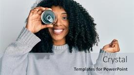  Presentation with canned food - Beautiful presentation design featuring african-american-woman-with-afro backdrop and a light gray colored foreground