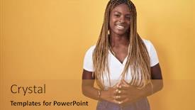  Presentation with optimistic - PPT theme with african-american-woman-with-braided background and a gold colored foreground