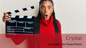  Presentation with clapboard - Audience pleasing PPT layouts consisting of african-american-woman-with-braids backdrop and a crimson colored foreground