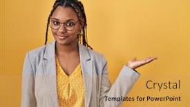 Presentation with hand palm - Presentation design enhanced with african-american-woman-with-braids background and a yellow colored foreground