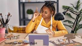  Presentation with african american woman question - PPT theme featuring african-american-woman-with-braids background and a coral colored foreground