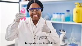  Presentation with pink ribbon - PPT layouts having african-american-woman-working background and a light gray colored foreground