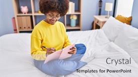  Presentation with writing - PPT theme consisting of african-american-woman-writing background and a light gray colored foreground