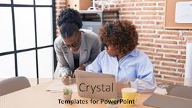  Presentation with african american women - Presentation theme having african-american-women-business-workers background and a coral colored foreground