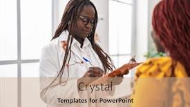  Presentation with african american patient - Slide set featuring african-american-women-doctor background and a coral colored foreground