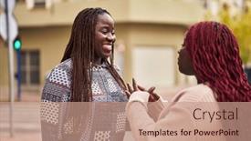  Presentation with african american women - Presentation design with african-american-women-friends-standing background and a coral colored foreground