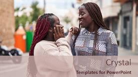  Presentation with african american women - Presentation theme featuring african-american-women-friends-standing background and a soft green colored foreground