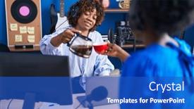  Presentation with coffee music - Slides featuring african-american-women-musicians-smiling background and a cobalt blue colored foreground