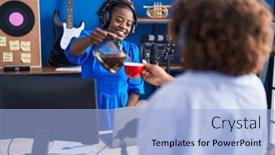 Presentation with coffee music - Slides having african-american-women-musicians-smiling background and a light blue colored foreground