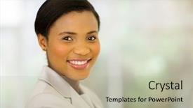  Presentation with cheerful - PPT theme with african american women professional - cheerful young businesswoman in modern background and a light gray colored foreground