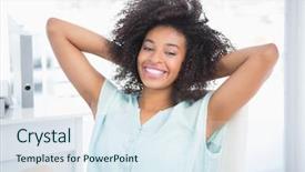  Presentation with happy barber client - Presentation theme with african american women professional - happy businesswoman relaxing in swivel background and a sky blue colored foreground