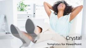  Presentation with feet - Audience pleasing presentation consisting of african american women professional - happy businesswoman sitting with her backdrop and a light gray colored foreground