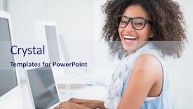  Presentation with desk - Beautiful PPT layouts featuring african american women professional - pretty hipster working at her backdrop and a sky blue colored foreground