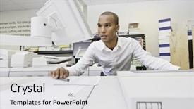  Presentation with african - Presentation theme having african american working on printing background and a light gray colored foreground