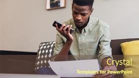  Presentation with african american business - PPT layouts enhanced with african-american-young-businessman-talking background and a tawny brown colored foreground