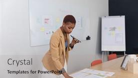  Presentation with african american business - Slide deck featuring african-american-young-businesswoman-talking background and a coral colored foreground