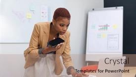  Presentation with african american business - Presentation theme enhanced with african-american-young-businesswoman-talking background and a coral colored foreground