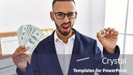  Presentation with money bitcoin - Slide deck consisting of african-american-young-man-holding background and a  colored foreground