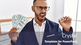  Presentation with money bitcoin - Presentation theme enhanced with african-american-young-man-holding background and a  colored foreground