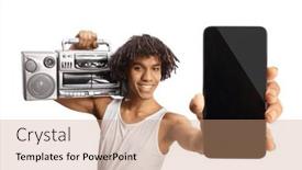  Presentation with shoulder - PPT layouts with african-american-young-man-holding background and a coral colored foreground