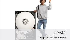  Presentation with hard disk - PPT theme with african-american-young-man-leaning background and a white colored foreground