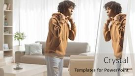  Presentation with african american presenter - Slide deck enhanced with african-american-young-man-standing background and a coral colored foreground