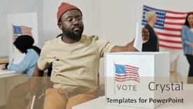  Presentation with standing sitting - PPT theme consisting of african-american-young-man background and a coral colored foreground