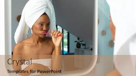  Presentation with home care - Slide set having african-american-young-woman-brushing background and a coral colored foreground