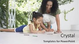  Presentation with crayons - Colorful slide deck enhanced with african americans art - smiling mother and daughter drawing backdrop and a light gray colored foreground