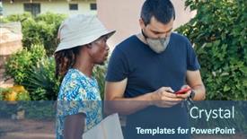  Presentation with phone - PPT theme featuring african-and-caucasian-man-using background and a ocean colored foreground