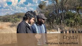  Presentation with walkie talkie - Presentation design enhanced with african-and-caucasian-man background and a coral colored foreground